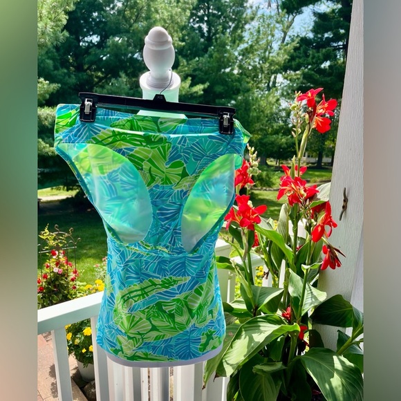 Lilly Pulitzer Blue Green Tropical Leaf Print Halter Tankini Top – Size Large - Picture 1 of 5